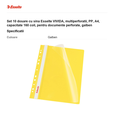 Set 10 dosare cu sina Esselte VIVIDA, multiperforatii, PP, A4, capacitate 160 coli, pentru documente perforate, galben [2]