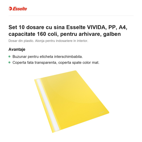 Set 10 dosare cu sina Esselte VIVIDA, PP, A4, capacitate 160 coli, pentru arhivare, galben [1]