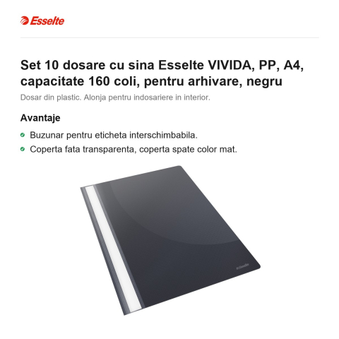 Set 10 dosare cu sina Esselte VIVIDA, PP, A4, capacitate 160 coli, pentru arhivare, negru [1]