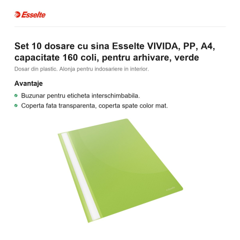 Set 10 dosare cu sina Esselte VIVIDA, PP, A4, capacitate 160 coli, pentru arhivare, verde [1]