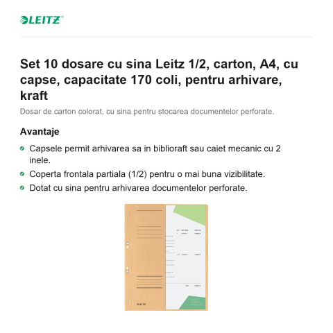 Set 10 dosare cu sina Leitz 1/2, carton, A4, cu capse, capacitate 170 coli, pentru arhivare, kraft [1]