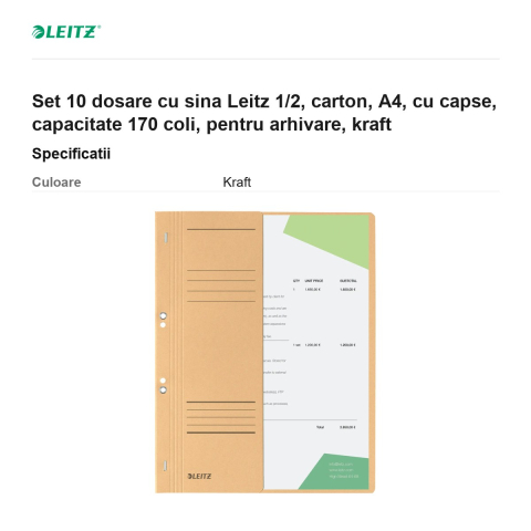 Set 10 dosare cu sina Leitz 1/2, carton, A4, cu capse, capacitate 170 coli, pentru arhivare, kraft [2]