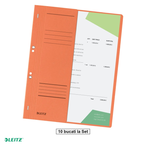 Set 10 dosare cu sina Leitz 1/2, carton, A4, cu capse, capacitate 170 coli, pentru arhivare, portocaliu [0]