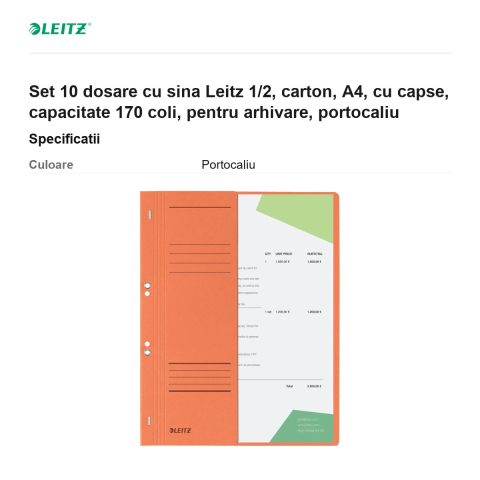 Set 10 dosare cu sina Leitz 1/2, carton, A4, cu capse, capacitate 170 coli, pentru arhivare, portocaliu [2]