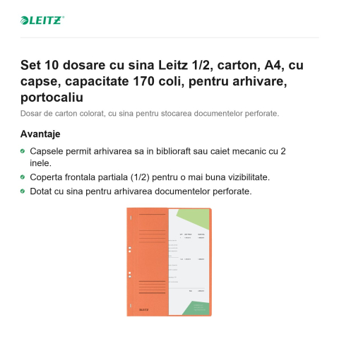 Set 10 dosare cu sina Leitz 1/2, carton, A4, cu capse, capacitate 170 coli, pentru arhivare, portocaliu [1]