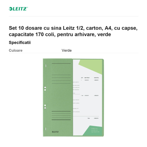 Set 10 dosare cu sina Leitz 1/2, carton, A4, cu capse, capacitate 170 coli, pentru arhivare, verde [2]