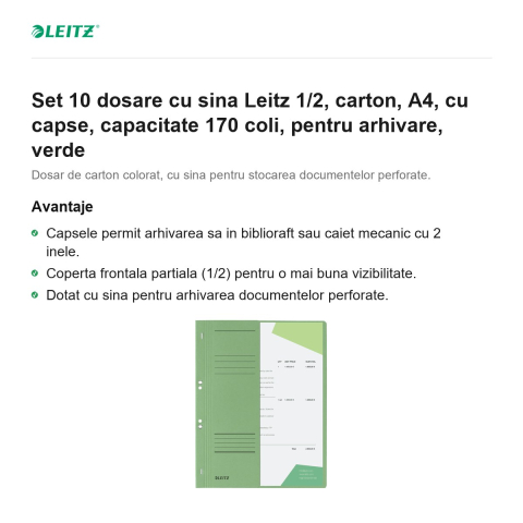 Set 10 dosare cu sina Leitz 1/2, carton, A4, cu capse, capacitate 170 coli, pentru arhivare, verde [1]