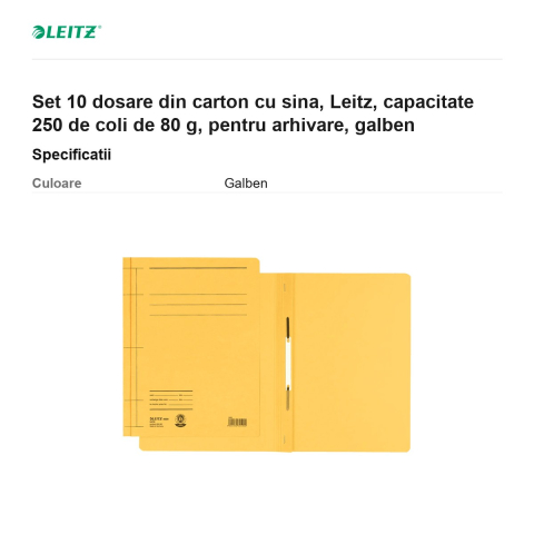 Set 10 dosare din carton cu sina, Leitz, capacitate 250 de coli de 80 g, pentru arhivare, galben [2]