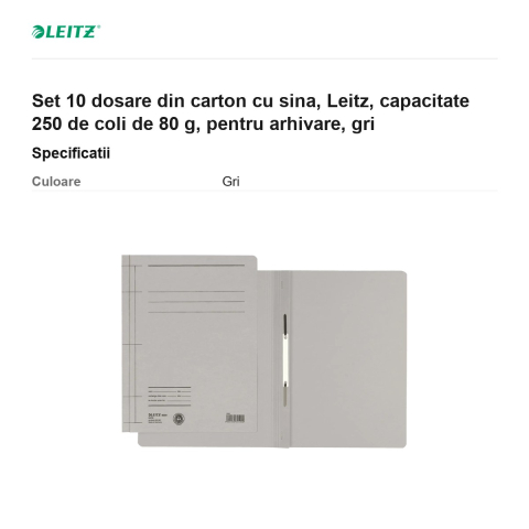 Set 10 dosare din carton cu sina, Leitz, capacitate 250 de coli de 80 g, pentru arhivare, gri [2]
