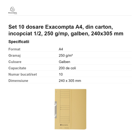 Set 10 dosare Exacompta A4, din carton, incopciat 1/2, 250 g/mp, galben, 240x305 mm [2]