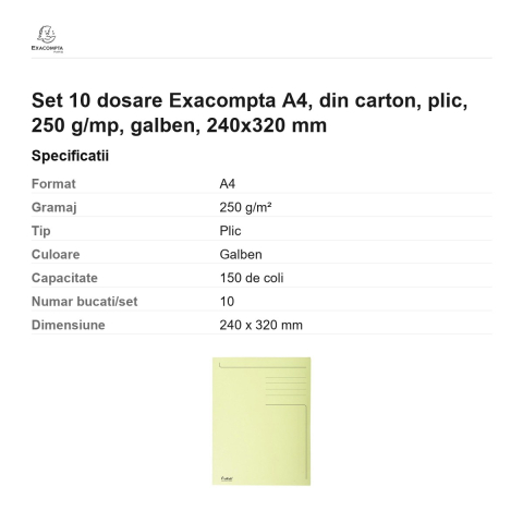 Set 10 dosare Exacompta A4, din carton, plic, 250 g/mp, galben, 240x320 mm [2]