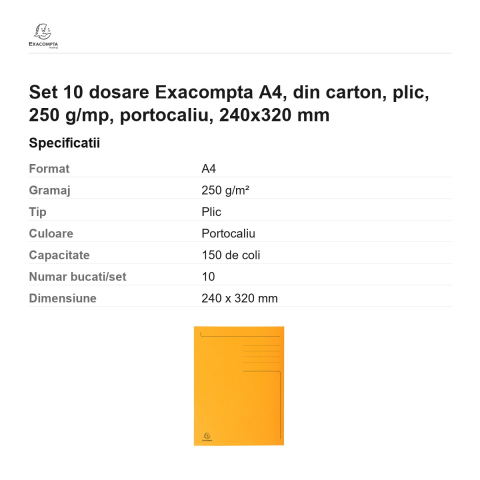 Set 10 dosare Exacompta A4, din carton, plic, 250 g/mp, portocaliu, 240x320 mm [2]