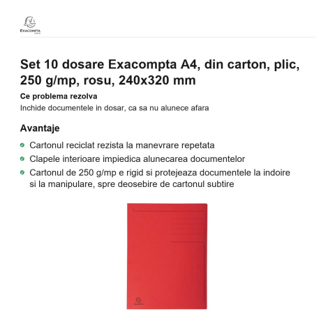 Set 10 dosare Exacompta A4, din carton, plic, 250 g/mp, rosu, 240x320 mm [1]