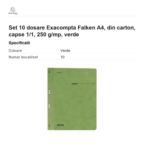 Set 10 dosare Exacompta Falken A4, din carton, capse 1/1, 250 g/mp, verde [2]