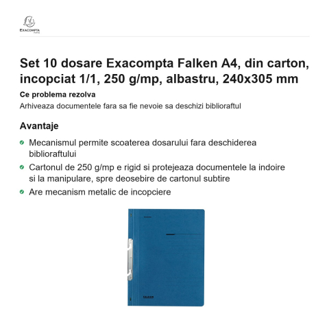 Set 10 dosare Exacompta Falken A4, din carton, incopciat 1/1, 250 g/mp, albastru, 240x305 mm [1]