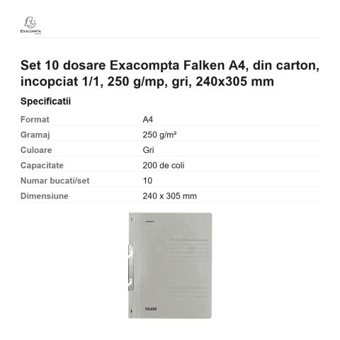 Set 10 dosare Exacompta Falken A4, din carton, incopciat 1/1, 250 g/mp, gri, 240x305 mm [2]