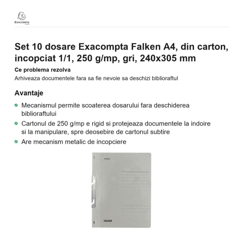 Set 10 dosare Exacompta Falken A4, din carton, incopciat 1/1, 250 g/mp, gri, 240x305 mm [1]