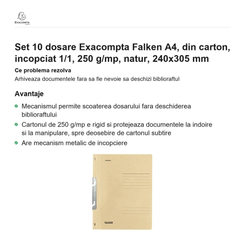 Set 10 dosare Exacompta Falken A4, din carton, incopciat 1/1, 250 g/mp, natur, 240x305 mm [1]