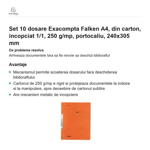 Set 10 dosare Exacompta Falken A4, din carton, incopciat 1/1, 250 g/mp, portocaliu, 240x305 mm [1]