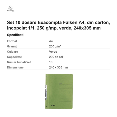Set 10 dosare Exacompta Falken A4, din carton, incopciat 1/1, 250 g/mp, verde, 240x305 mm [2]