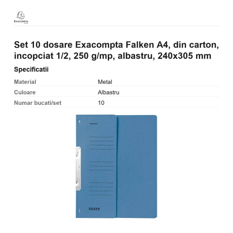 Set 10 dosare Exacompta Falken A4, din carton, incopciat 1/2, 250 g/mp, albastru, 240x305 mm [2]