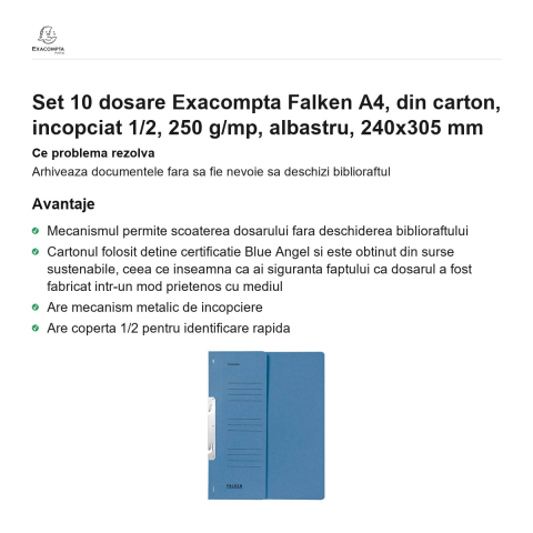 Set 10 dosare Exacompta Falken A4, din carton, incopciat 1/2, 250 g/mp, albastru, 240x305 mm [1]