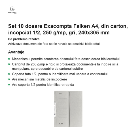 Set 10 dosare Exacompta Falken A4, din carton, incopciat 1/2, 250 g/mp, gri, 240x305 mm [1]