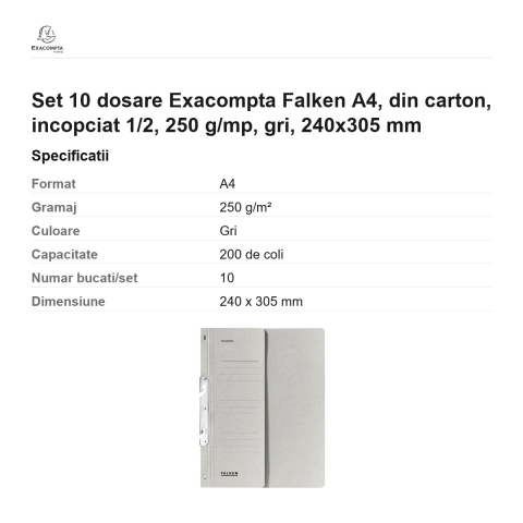 Set 10 dosare Exacompta Falken A4, din carton, incopciat 1/2, 250 g/mp, gri, 240x305 mm [2]