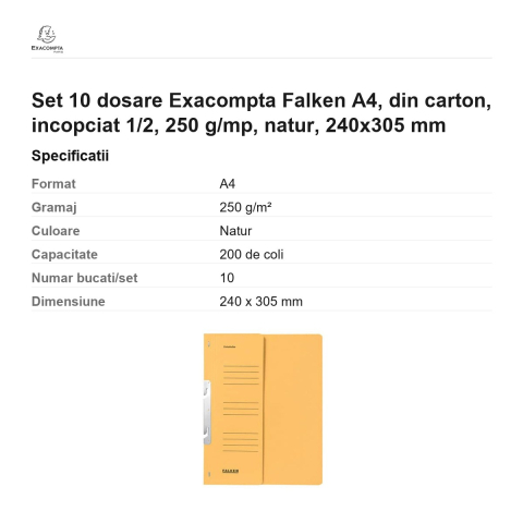 Set 10 dosare Exacompta Falken A4, din carton, incopciat 1/2, 250 g/mp, natur, 240x305 mm [2]