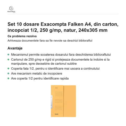 Set 10 dosare Exacompta Falken A4, din carton, incopciat 1/2, 250 g/mp, natur, 240x305 mm [1]