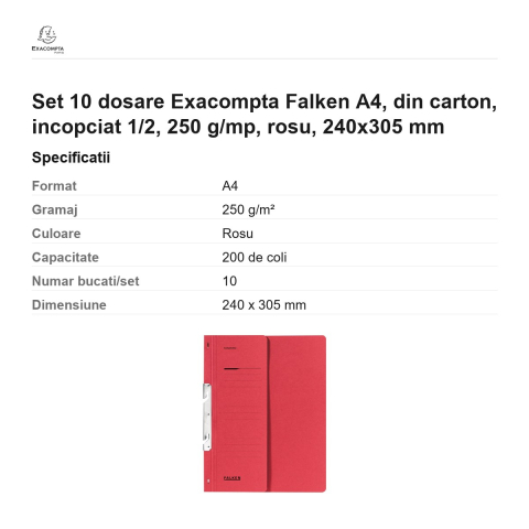 Set 10 dosare Exacompta Falken A4, din carton, incopciat 1/2, 250 g/mp, rosu, 240x305 mm [2]