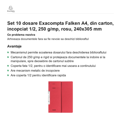 Set 10 dosare Exacompta Falken A4, din carton, incopciat 1/2, 250 g/mp, rosu, 240x305 mm [1]