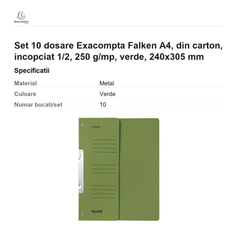 Set 10 dosare Exacompta Falken A4, din carton, incopciat 1/2, 250 g/mp, verde, 240x305 mm [2]