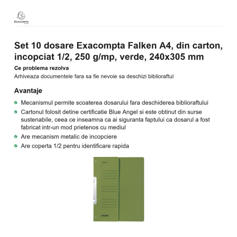 Set 10 dosare Exacompta Falken A4, din carton, incopciat 1/2, 250 g/mp, verde, 240x305 mm [1]