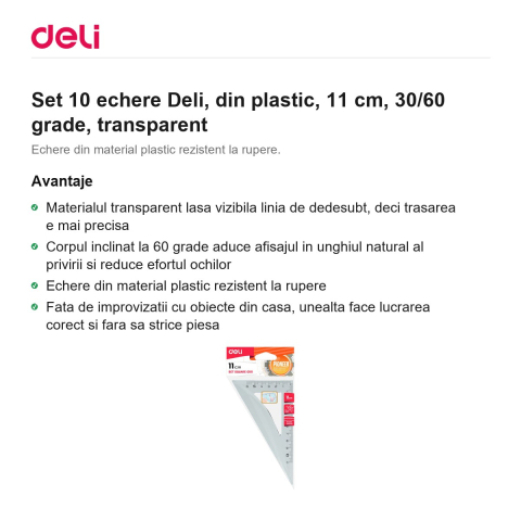 Set 10 echere Deli, din plastic, 11 cm, 30/60 grade, transparent [1]