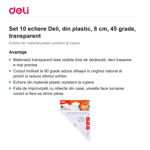 Set 10 echere Deli, din plastic, 8 cm, 45 grade, transparent [1]