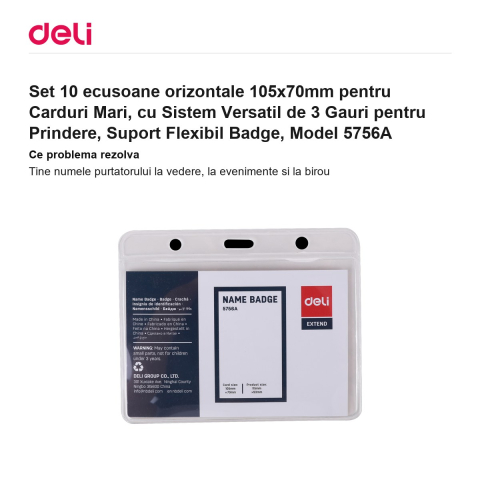 Set 10 ecusoane orizontale 105x70mm pentru Carduri Mari, cu Sistem Versatil de 3 Gauri pentru Prindere, Suport Flexibil Badge, Model 5756A [1]
