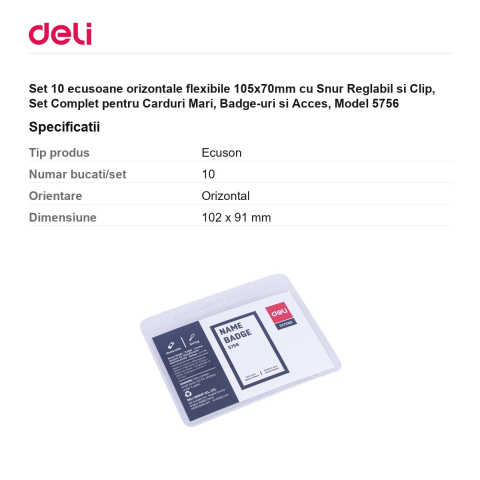 Set 10 ecusoane orizontale flexibile 105x70mm cu Snur Reglabil si Clip, Set Complet pentru Carduri Mari, Badge-uri si Acces, Model 5756 [2]