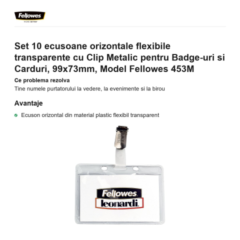 Set 10 ecusoane orizontale flexibile transparente cu Clip Metalic pentru Badge-uri si Carduri, 99x73mm, Model Fellowes 453M [1]