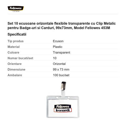 Set 10 ecusoane orizontale flexibile transparente cu Clip Metalic pentru Badge-uri si Carduri, 99x73mm, Model Fellowes 453M [2]