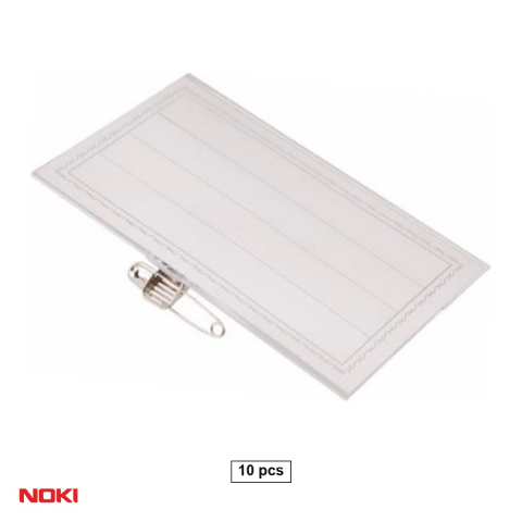 Birotica papetarie - Set 10 ecusoane orizontale NOKI, din plastic flexibil, cu ac si clema, transparent, 90x50 mm