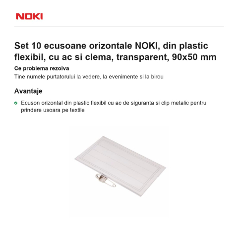 Set 10 ecusoane orizontale NOKI, din plastic flexibil, cu ac si clema, transparent, 90x50 mm [1]
