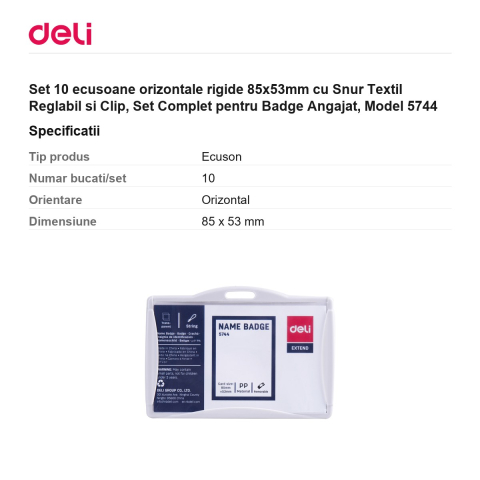 Set 10 ecusoane orizontale rigide 85x53mm cu Snur Textil Reglabil si Clip, Set Complet pentru Badge Angajat, Model 5744 [2]