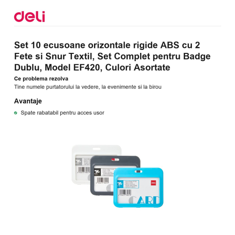 Set 10 ecusoane orizontale rigide ABS cu 2 Fete si Snur Textil, Set Complet pentru Badge Dublu, Model EF420, Culori Asortate [1]