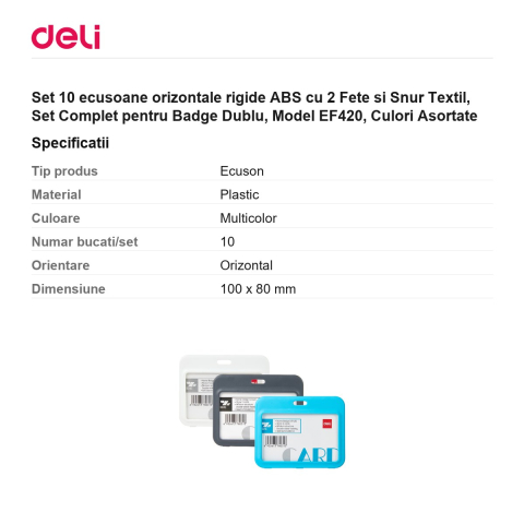 Set 10 ecusoane orizontale rigide ABS cu 2 Fete si Snur Textil, Set Complet pentru Badge Dublu, Model EF420, Culori Asortate [2]