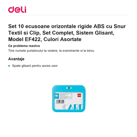 Set 10 ecusoane orizontale rigide ABS cu Snur Textil si Clip, Set Complet, Sistem Glisant, Model EF422, Culori Asortate [1]