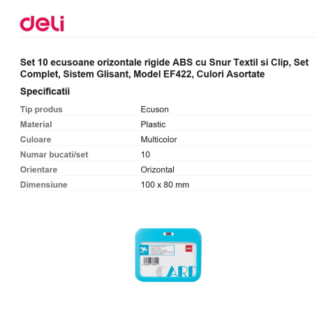 Set 10 ecusoane orizontale rigide ABS cu Snur Textil si Clip, Set Complet, Sistem Glisant, Model EF422, Culori Asortate [2]