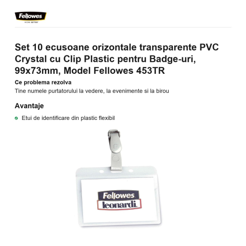 Set 10 ecusoane orizontale transparente PVC Crystal cu Clip Plastic pentru Badge-uri, 99x73mm, Model Fellowes 453TR [1]