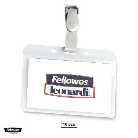 Accesorii prezentare - Set 10 ecusoane orizontale transparente PVC Crystal cu Clip Plastic pentru Badge-uri, 99x73mm, Model Fellowes 453TR