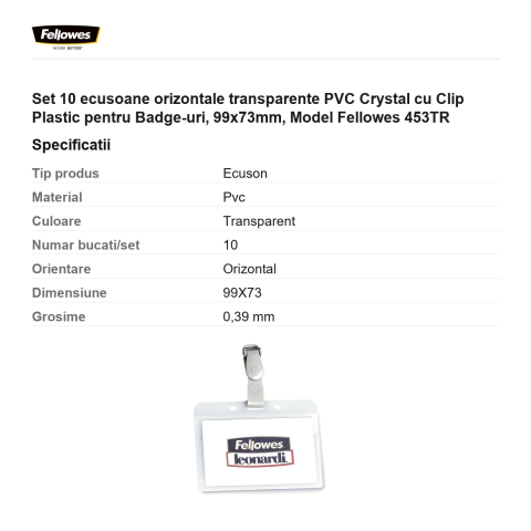 Set 10 ecusoane orizontale transparente PVC Crystal cu Clip Plastic pentru Badge-uri, 99x73mm, Model Fellowes 453TR [2]